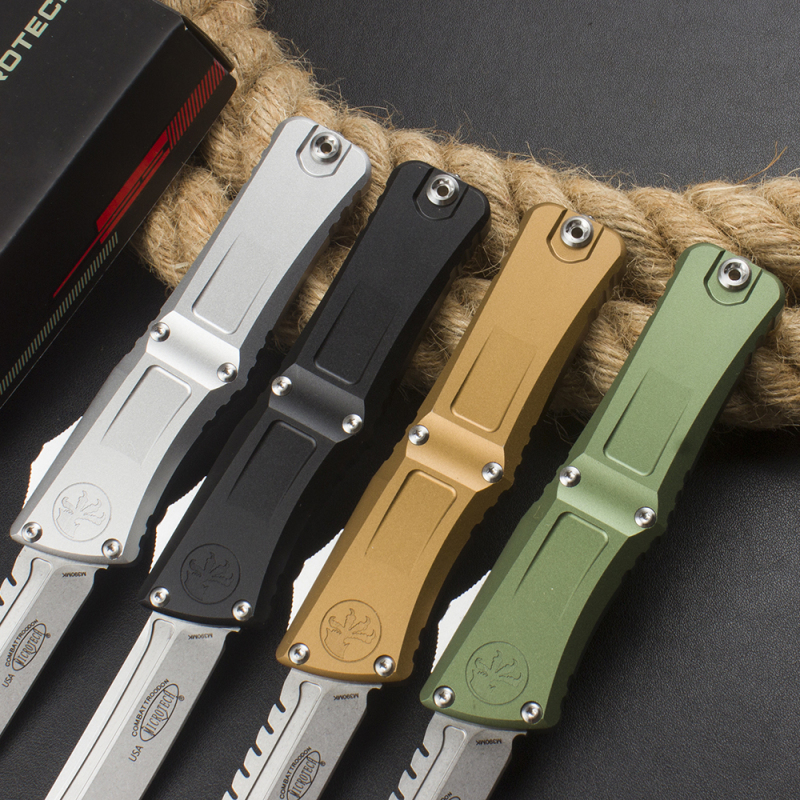 Microtech Combat Troodon Gen III AUTO OTF Knife 3.86" M390MK Stonewashed Tanto Blade, Aviation Aluminum Handles