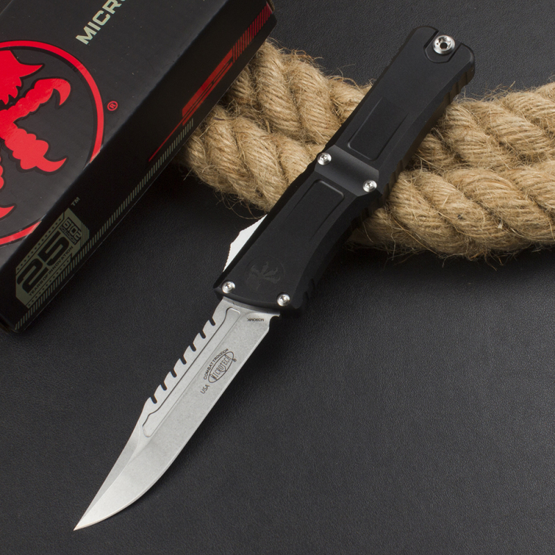 Microtech Combat Troodon Gen III AUTO OTF Knife 3.86" M390MK Stonewashed Tanto Blade, Aviation Aluminum Handles