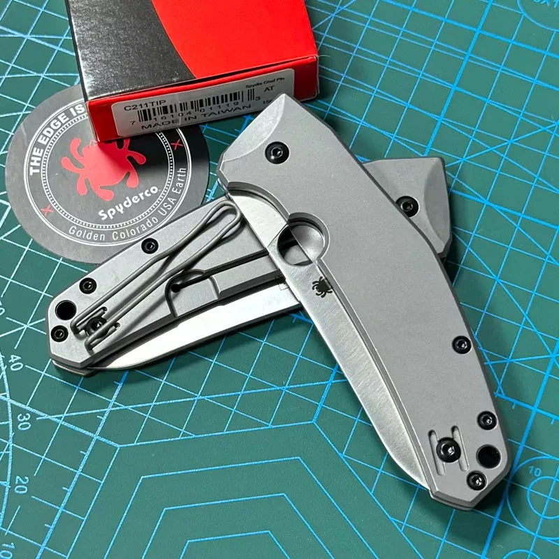 Spyderco Marcin Slysz Folding Knife 3.15" LC200 N Satin Plain Blade, Gray Titanium Handles, Frame Lock - C211TIP