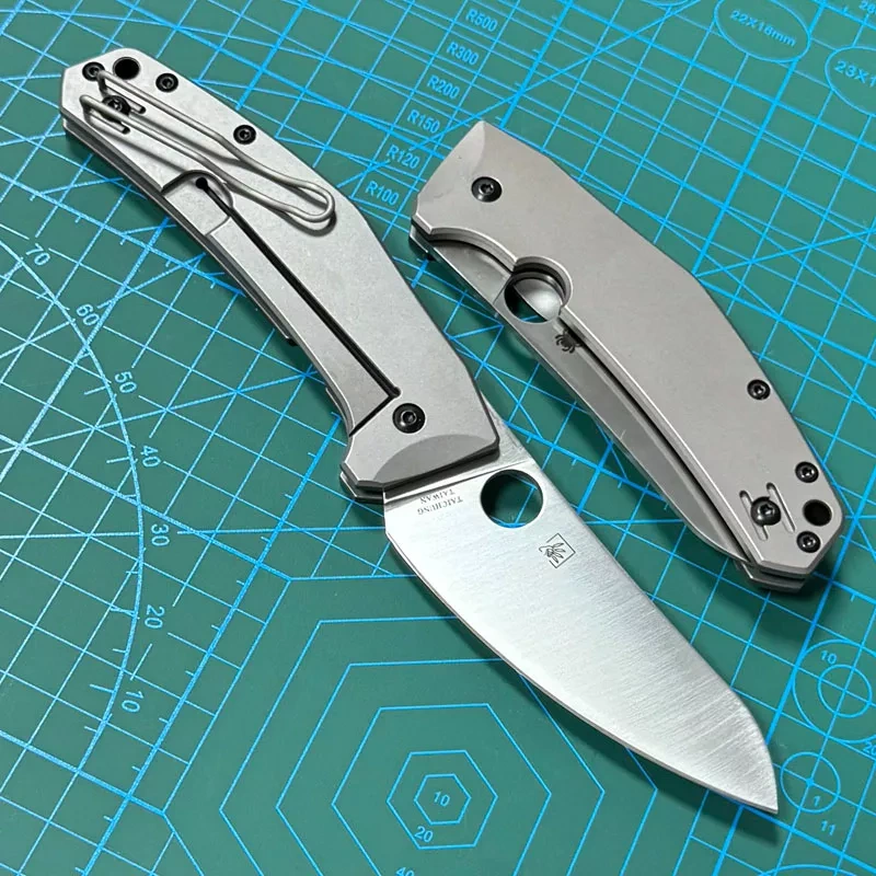 Spyderco Marcin Slysz Folding Knife 3.15" LC200 N Satin Plain Blade, Gray Titanium Handles, Frame Lock - C211TIP