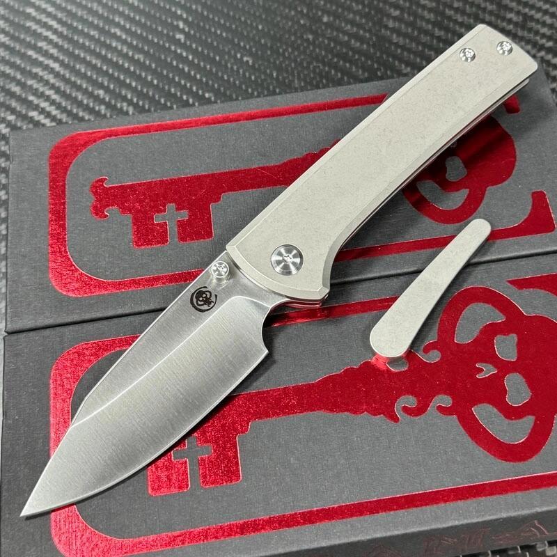 Chaves Knives Scapegoat Street Folding Knife 3.23" M390 Satin Clip Point Blade, Stonewashed Titanium Handles