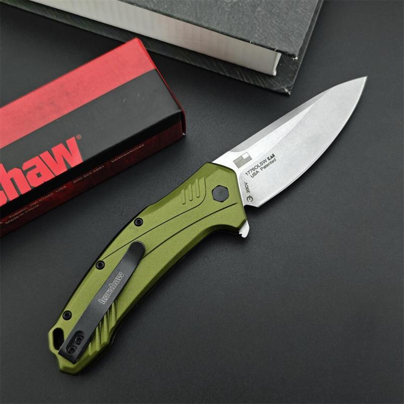 Kershaw 1776OLSW Link Assisted Flipper Knife 3.25" CPM-MagnaCut Stonewashed Plain Blade, Olive Aluminum Handles, Liner Lock