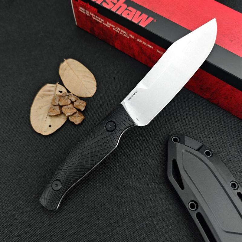 Kershaw 1083 Camp 5 Fixed Blade Knife 4.75" D2 Stonewashed Bowie, Black GFN Handles, Black GFN Sheath