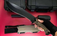 Kershaw 1077TAN Camp 10 Fixed 10" 65Mn Carbon Steel Blade, Tan Rubber Handles, GRN Sheath