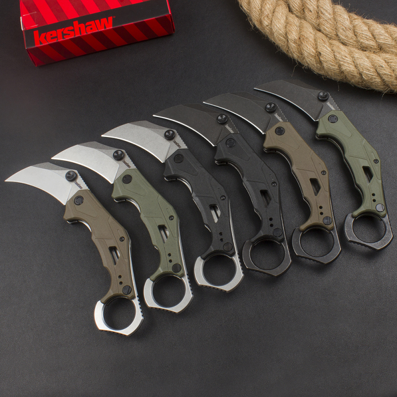 Kershaw 2064 Outlier Assisted Flipper Knife 2.6" 8Cr13Mov Karambit, Textured Black GFN Handles with Pinky Ring, Liner Lock