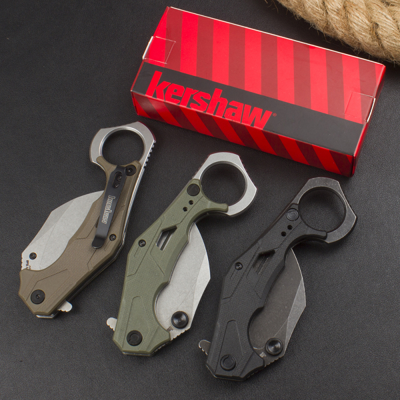 Kershaw 2064 Outlier Assisted Flipper Knife 2.6" 8Cr13Mov Karambit, Textured Black GFN Handles with Pinky Ring, Liner Lock