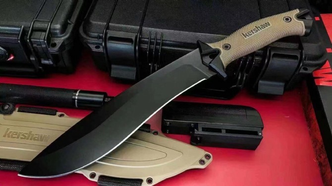 Kershaw 1077TAN Camp 10 Fixed 10" 65Mn Carbon Steel Blade, Tan Rubber Handles, GRN Sheath