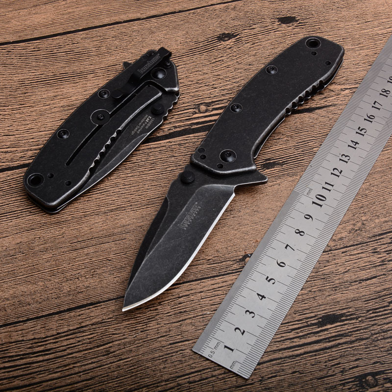 Kershaw 1556BW Folding Knife 2.83" Working Finish 8Cr13mov Drop Point Blade, Black Steel Handles