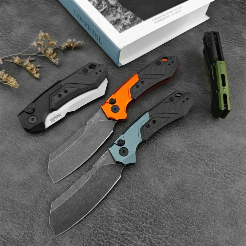 Kershaw 7850 Launch 14 AUTO Folding Knife 3.375" CPM-154 Stonewashed Cleaver Blade, Anodized Aluminum Handles with Carbon Fiber Scale - 7850SW