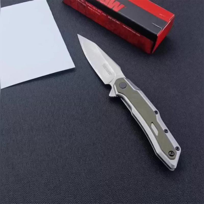 Kershaw Starter Series 1369 Salvage Assisted Flipper Knife 2.9" Stonewashed Clip Point Blade, Stainless Steel Handles with Olive GFN Overlays