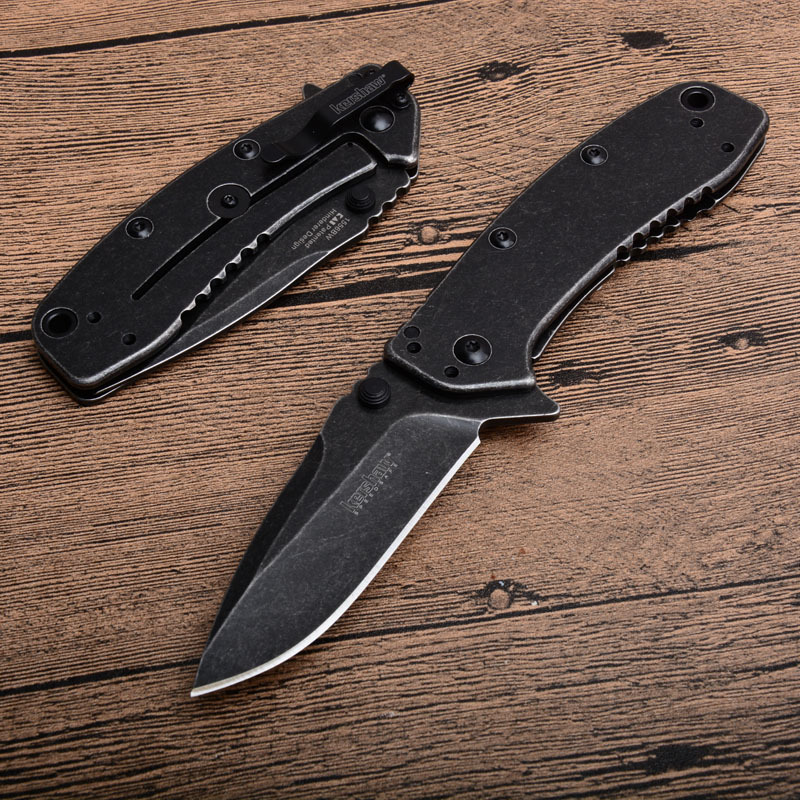 Kershaw 1556BW Folding Knife 2.83" Working Finish 8Cr13mov Drop Point Blade, Black Steel Handles