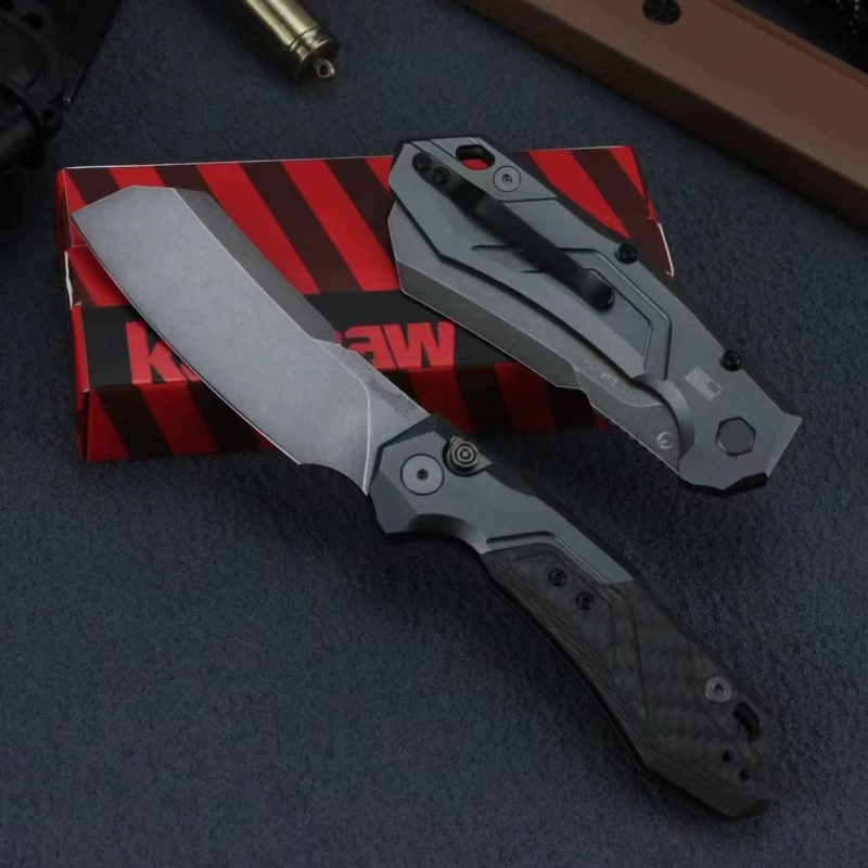 Kershaw 7850 Launch 14 AUTO Folding Knife 3.375" BlackWashed CPM-154 Cleaver Blade, Gray Anodized Aluminum Handles with Carbon Fiber Scale