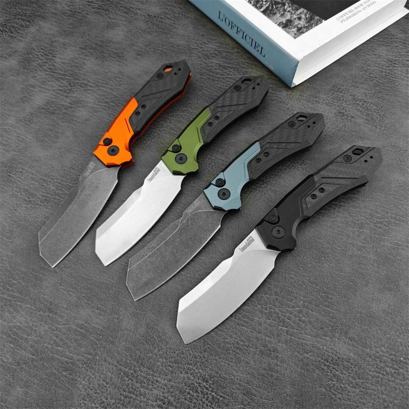 Kershaw 7850 Launch 14 AUTO Folding Knife 3.375" CPM-154 Stonewashed Cleaver Blade, Anodized Aluminum Handles with Carbon Fiber Scale - 7850SW