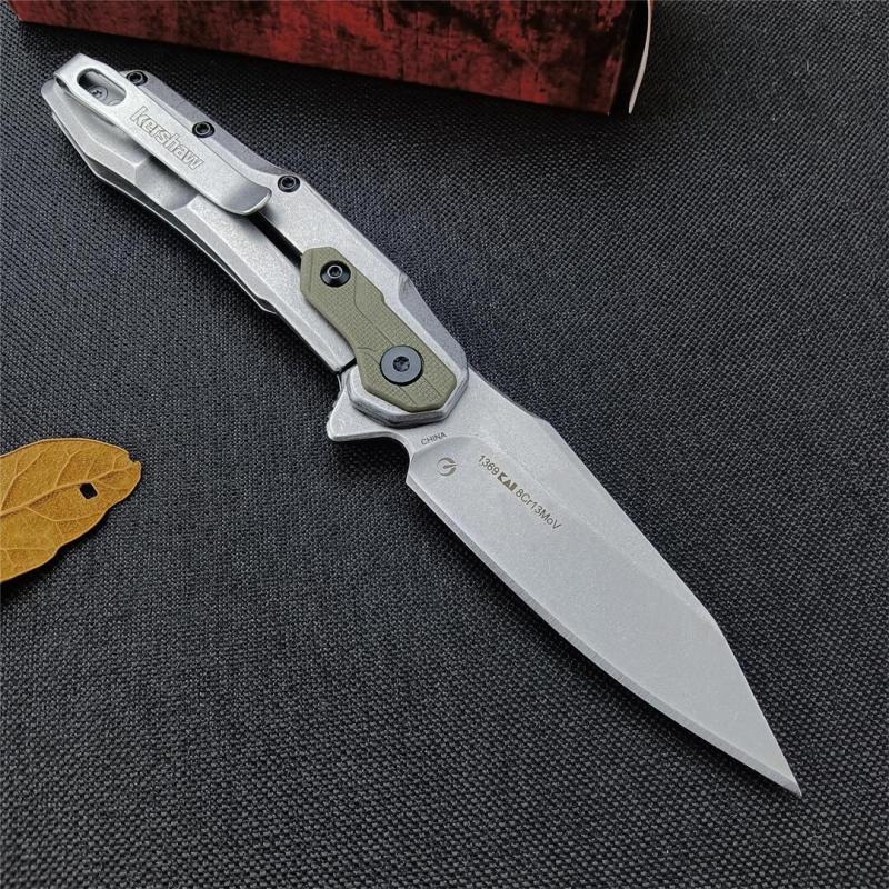 Kershaw Starter Series 1369 Salvage Assisted Flipper Knife 2.9" Stonewashed Clip Point Blade, Stainless Steel Handles with Olive GFN Overlays