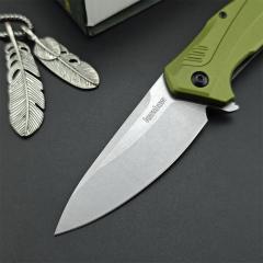 Kershaw 1776OLSW Link Assisted Flipper Knife 3.25" CPM-MagnaCut Stonewashed Plain Blade, Olive Aluminum Handles, Liner Lock