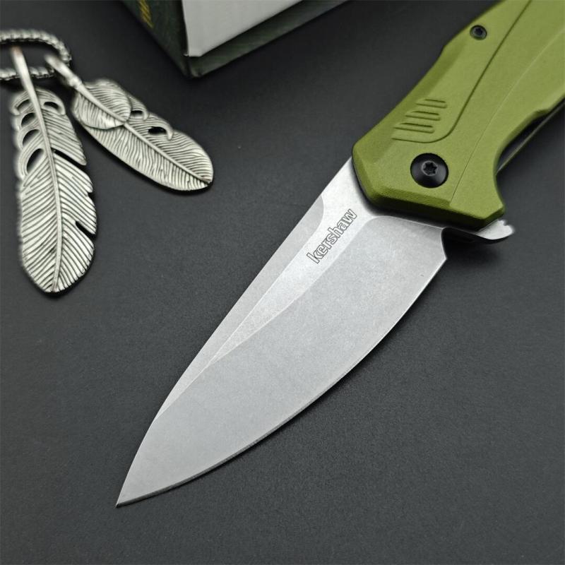 Kershaw 1776OLSW Link Assisted Flipper Knife 3.25" CPM-MagnaCut Stonewashed Plain Blade, Olive Aluminum Handles, Liner Lock