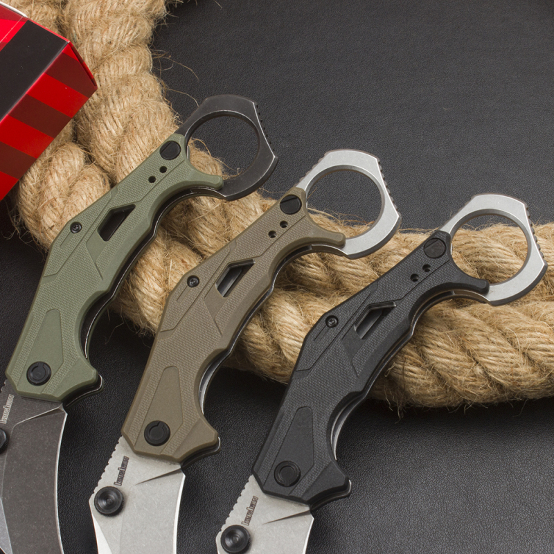 Kershaw 2064 Outlier Assisted Flipper Knife 2.6" 8Cr13Mov Karambit, Textured Black GFN Handles with Pinky Ring, Liner Lock