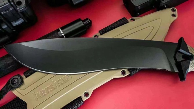 Kershaw 1077TAN Camp 10 Fixed 10" 65Mn Carbon Steel Blade, Tan Rubber Handles, GRN Sheath