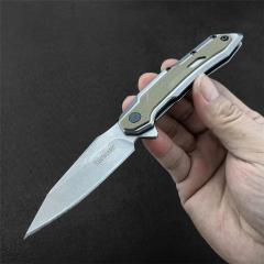 Kershaw Starter Series 1369 Salvage Assisted Flipper Knife 2.9" Stonewashed Clip Point Blade, Stainless Steel Handles with Olive GFN Overlays