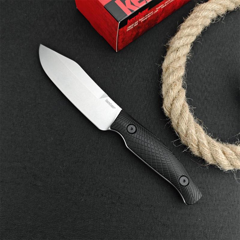 Kershaw 1083 Camp 5 Fixed Blade Knife 4.75" D2 Stonewashed Bowie, Black GFN Handles, Black GFN Sheath