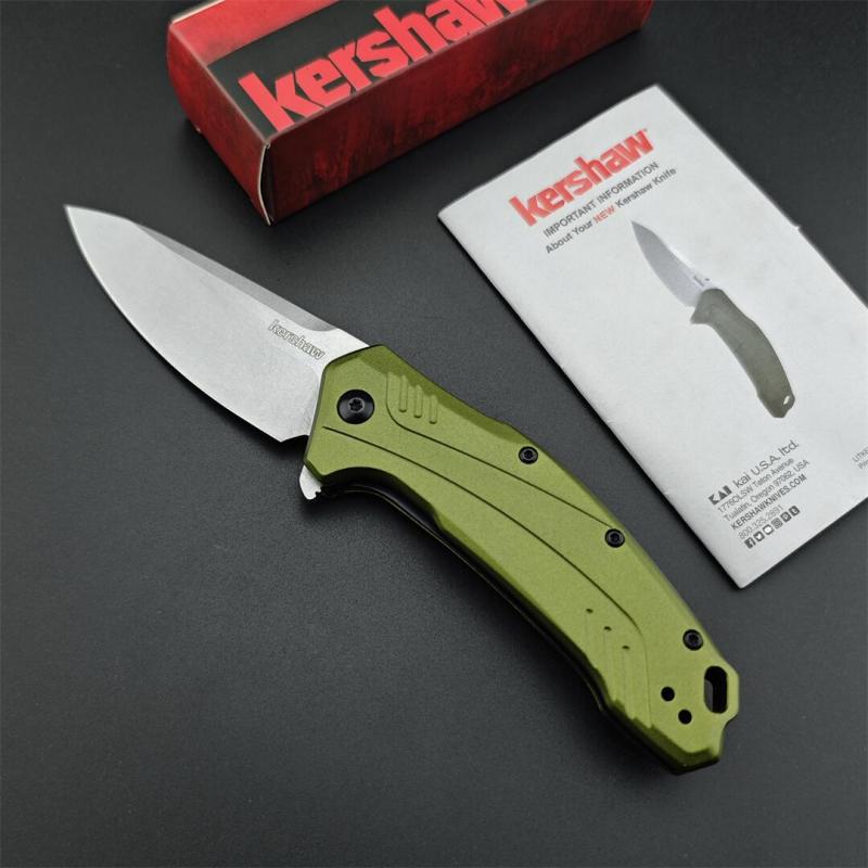 Kershaw 1776OLSW Link Assisted Flipper Knife 3.25" CPM-MagnaCut Stonewashed Plain Blade, Olive Aluminum Handles, Liner Lock