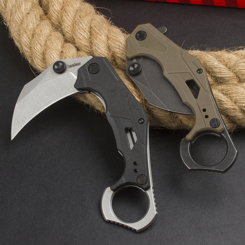 Kershaw 2064 Outlier Assisted Flipper Knife 2.6" 8Cr13Mov Karambit, Textured Black GFN Handles with Pinky Ring, Liner Lock