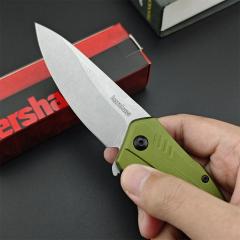Kershaw 1776OLSW Link Assisted Flipper Knife 3.25" CPM-MagnaCut Stonewashed Plain Blade, Olive Aluminum Handles, Liner Lock