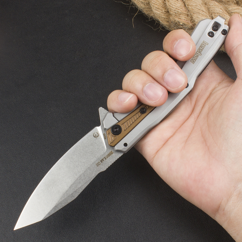 Kershaw 2095 Endgame KVT Flipper Knife 3.25" D2 Stonewashed Drop Point Blade, Stainless Steel Handles with Black GFN Insert