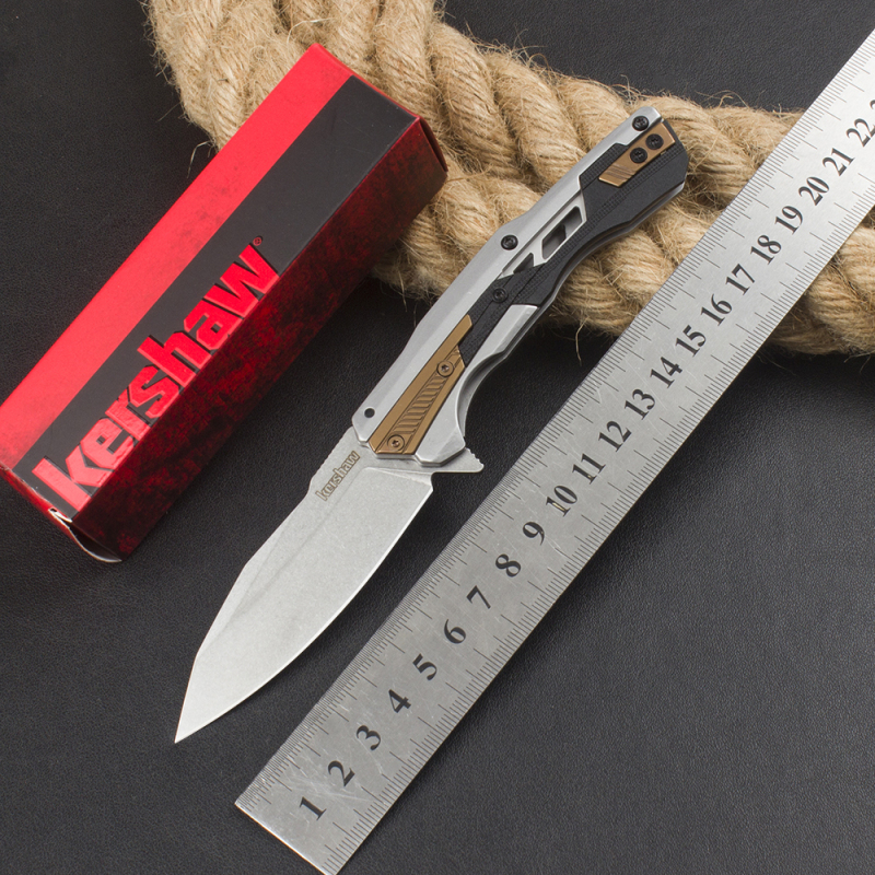 Kershaw 2095 Endgame KVT Flipper Knife 3.25" D2 Stonewashed Drop Point Blade, Stainless Steel Handles with Black GFN Insert