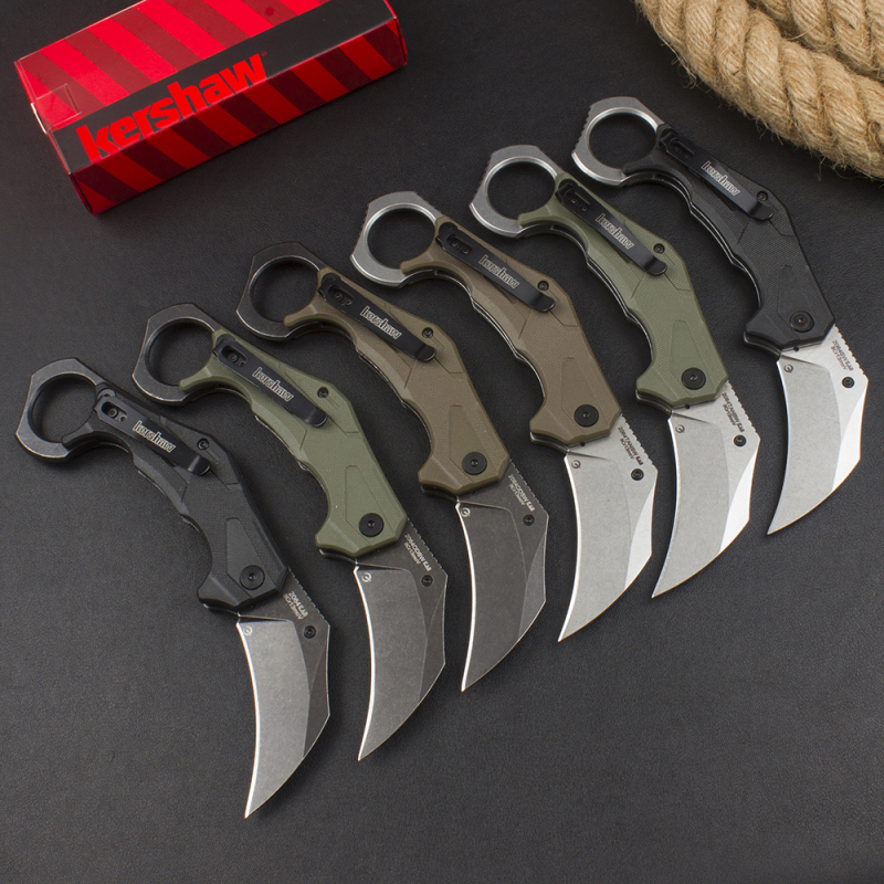 Kershaw 2064 Outlier Assisted Flipper Knife 2.6" 8Cr13Mov Karambit, Textured Black GFN Handles with Pinky Ring, Liner Lock