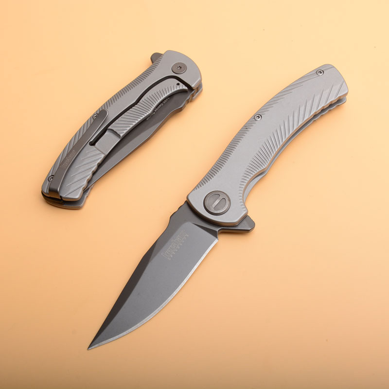 Kershaw 3490 Les George Seguin Assisted Flipper Knife 3.1" Gray PVD Blade, Milled Stainless Steel Handles