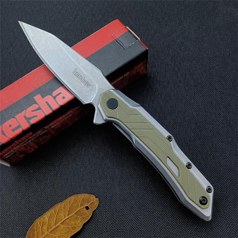 Kershaw Starter Series 1369 Salvage Assisted Flipper Knife 2.9" Stonewashed Clip Point Blade, Stainless Steel Handles with Olive GFN Overlays