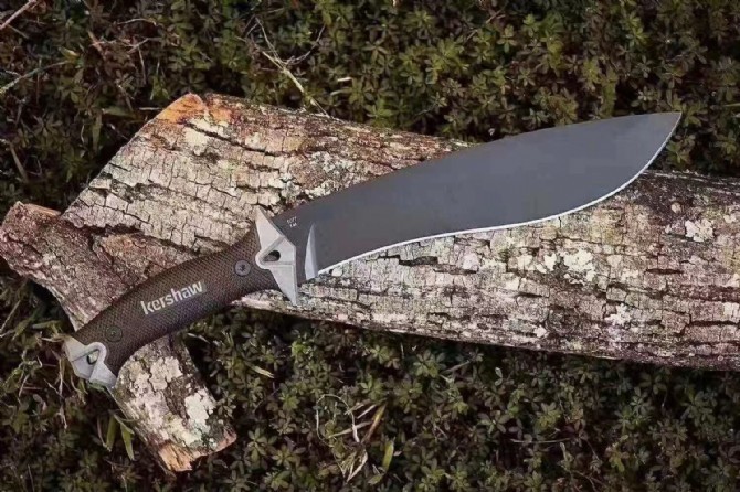 Kershaw 1077TAN Camp 10 Fixed 10" 65Mn Carbon Steel Blade, Tan Rubber Handles, GRN Sheath