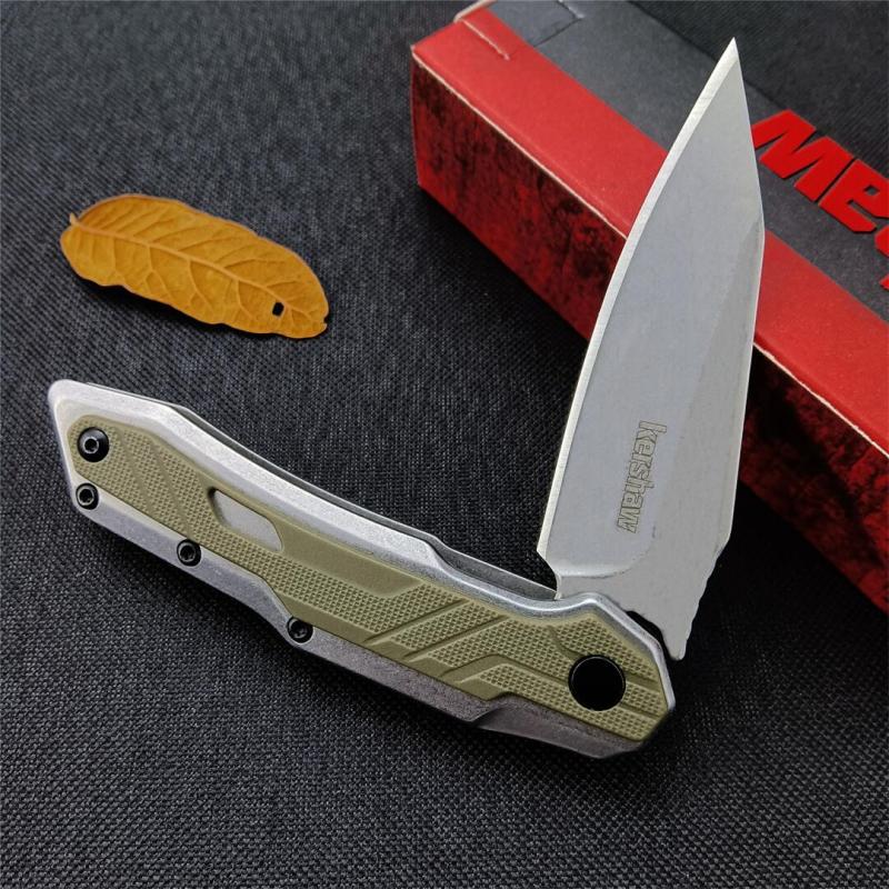 Kershaw Starter Series 1369 Salvage Assisted Flipper Knife 2.9" Stonewashed Clip Point Blade, Stainless Steel Handles with Olive GFN Overlays
