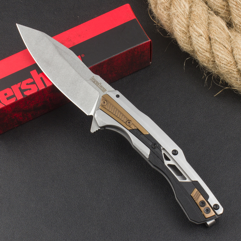 Kershaw 2095 Endgame KVT Flipper Knife 3.25" D2 Stonewashed Drop Point Blade, Stainless Steel Handles with Black GFN Insert