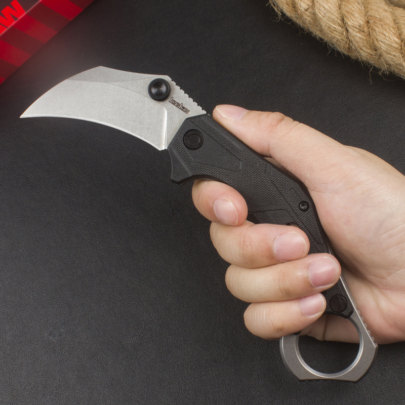 Kershaw 2064 Outlier Assisted Flipper Knife 2.6" 8Cr13Mov Karambit, Textured Black GFN Handles with Pinky Ring, Liner Lock