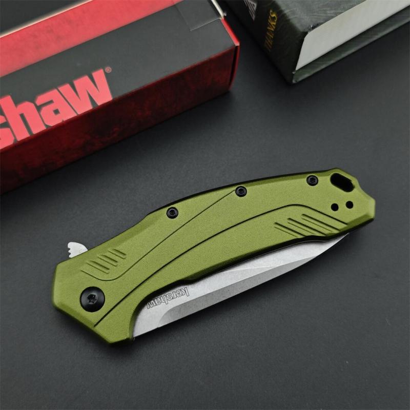 Kershaw 1776OLSW Link Assisted Flipper Knife 3.25" CPM-MagnaCut Stonewashed Plain Blade, Olive Aluminum Handles, Liner Lock