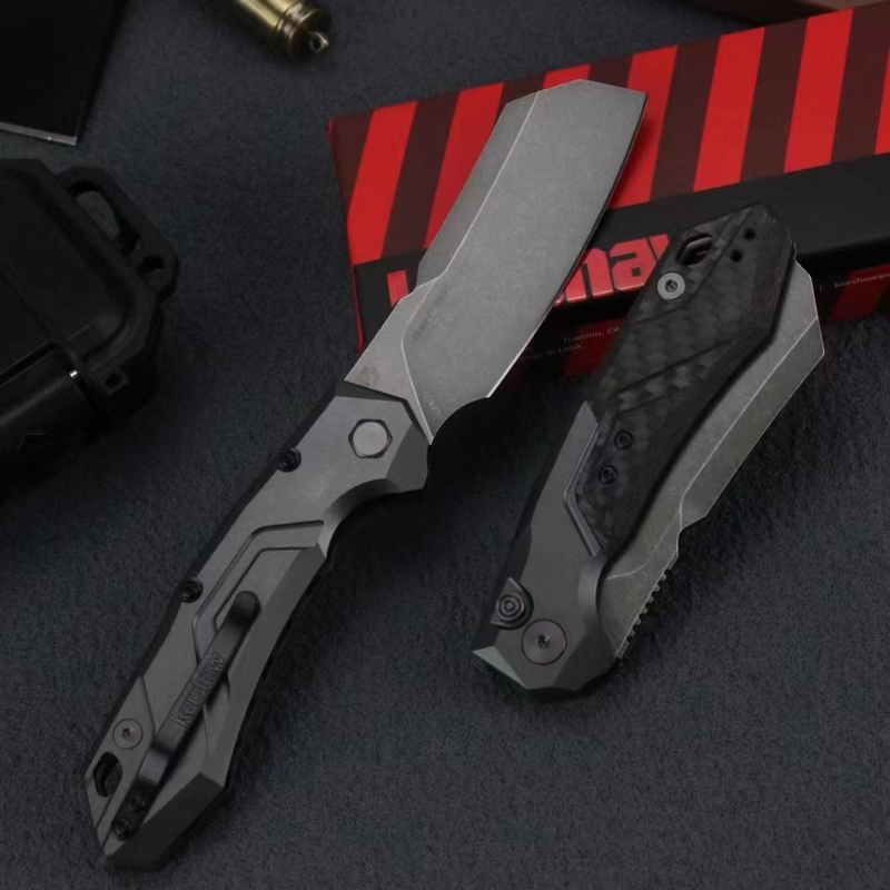 Kershaw 7850 Launch 14 AUTO Folding Knife 3.375" BlackWashed CPM-154 Cleaver Blade, Gray Anodized Aluminum Handles with Carbon Fiber Scale
