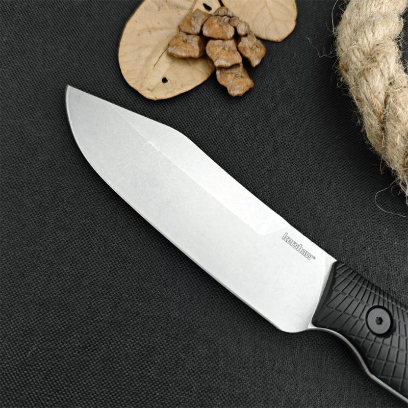 Kershaw 1083 Camp 5 Fixed Blade Knife 4.75" D2 Stonewashed Bowie, Black GFN Handles, Black GFN Sheath