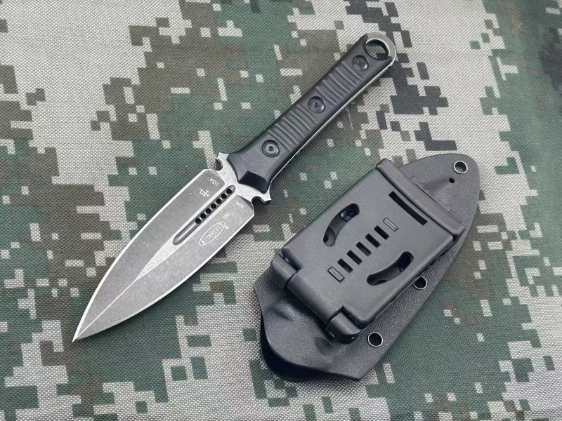 Microtech SBD201 Borka Fixed Blade Knife 4.33" M390 Dagger Blade Milled Black G10 Handles