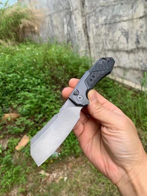 Kershaw 7850 Launch 14 AUTO Folding Knife 3.375" BlackWashed CPM-154 Cleaver Blade, Gray Anodized Aluminum Handles with Carbon Fiber Scale