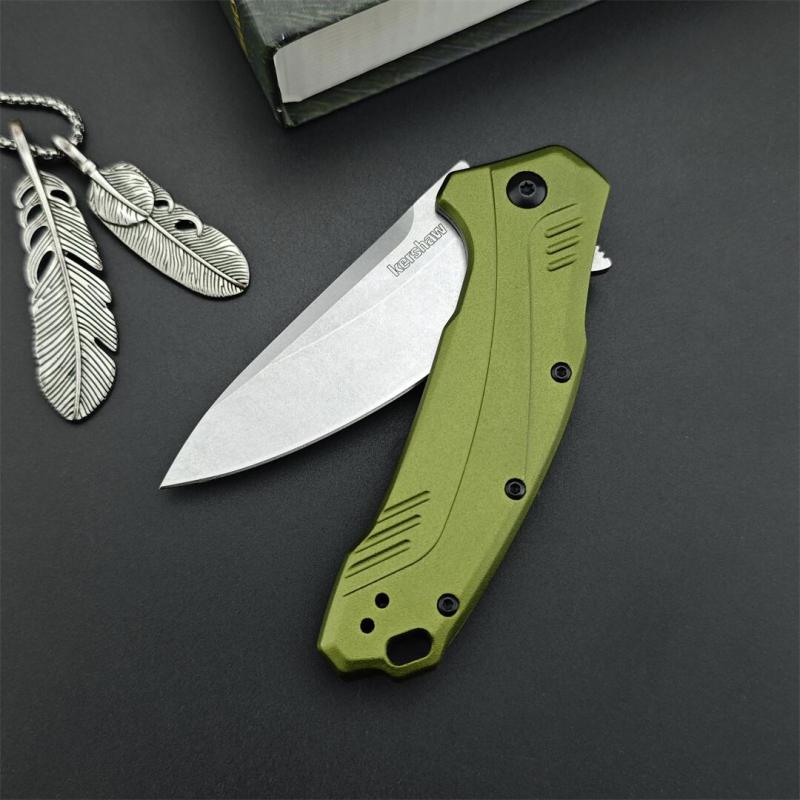Kershaw 1776OLSW Link Assisted Flipper Knife 3.25" CPM-MagnaCut Stonewashed Plain Blade, Olive Aluminum Handles, Liner Lock