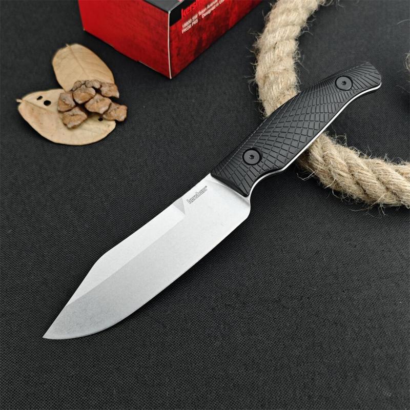 Kershaw 1083 Camp 5 Fixed Blade Knife 4.75" D2 Stonewashed Bowie, Black GFN Handles, Black GFN Sheath