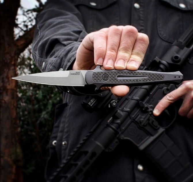 Kershaw 7150 Launch 8 AUTO Folding Knife 3.5" Stonewashed CPM-154 Spear Point Blade, Anodized Aluminum Handles w/ Carbon Fiber Inlay