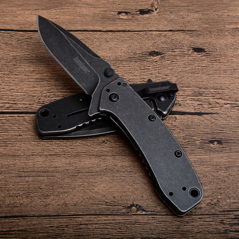 Kershaw 1556BW Folding Knife 2.83" Working Finish 8Cr13mov Drop Point Blade, Black Steel Handles