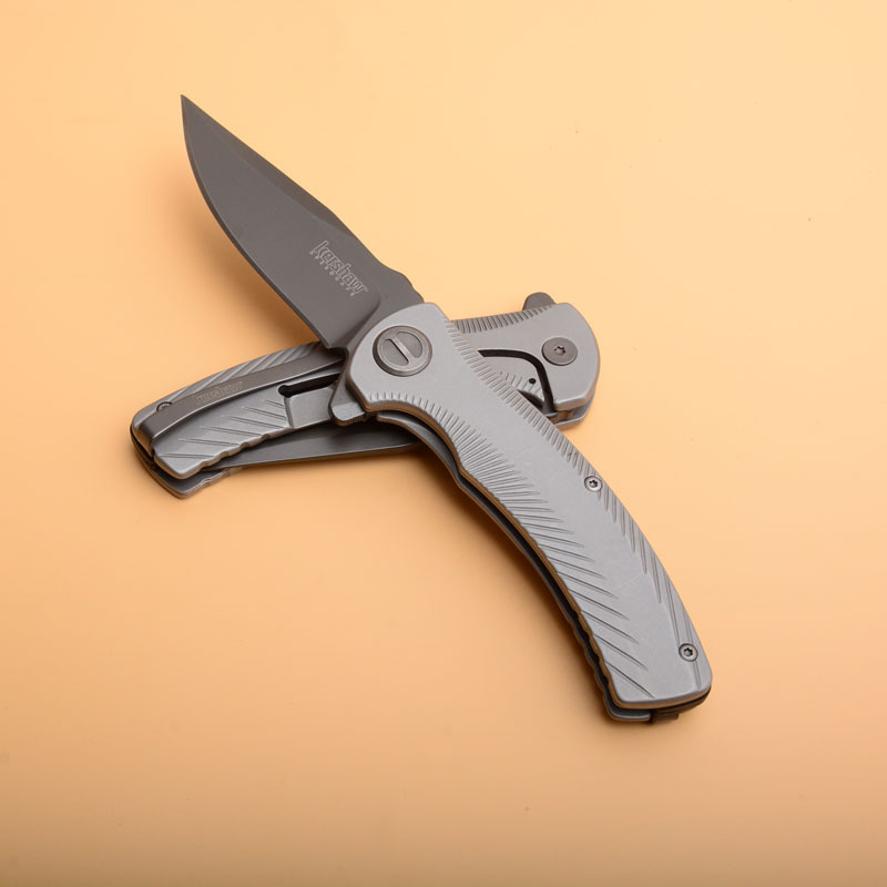 Kershaw 3490 Les George Seguin Assisted Flipper Knife 3.1" Gray PVD Blade, Milled Stainless Steel Handles