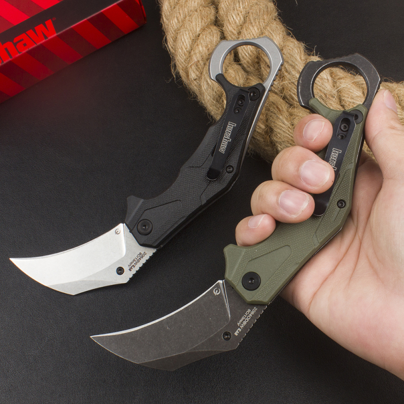 Kershaw 2064 Outlier Assisted Flipper Knife 2.6" 8Cr13Mov Karambit, Textured Black GFN Handles with Pinky Ring, Liner Lock