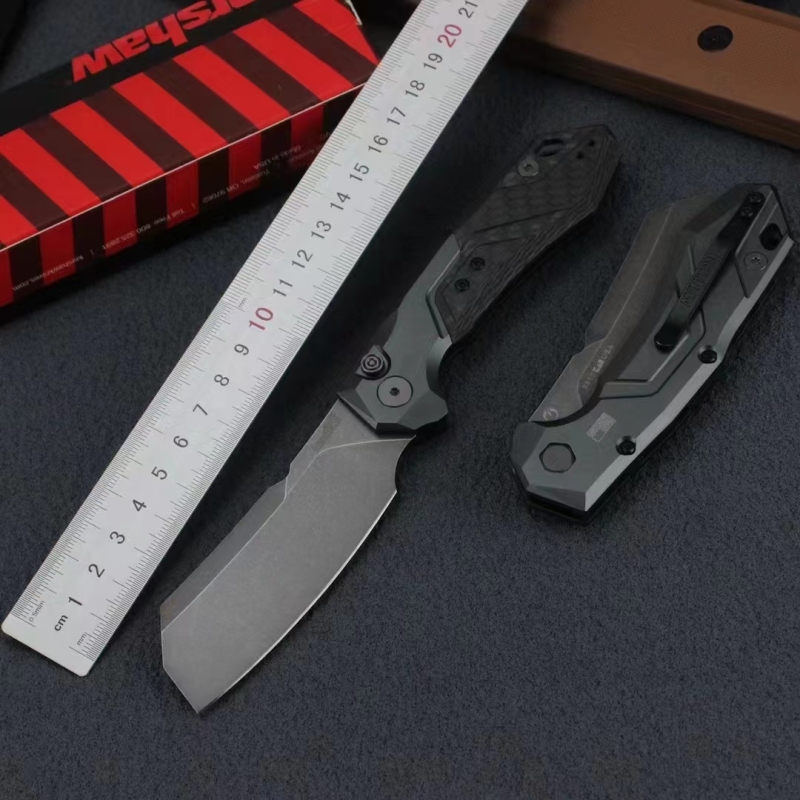 Kershaw 7850 Launch 14 AUTO Folding Knife 3.375" BlackWashed CPM-154 Cleaver Blade, Gray Anodized Aluminum Handles with Carbon Fiber Scale