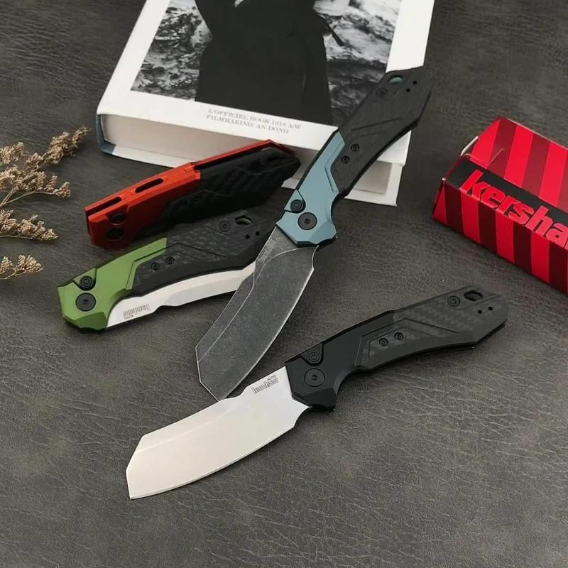 Kershaw 7850 Launch 14 AUTO Folding Knife 3.375" CPM-154 Stonewashed Cleaver Blade, Anodized Aluminum Handles with Carbon Fiber Scale - 7850SW