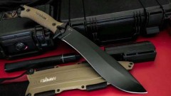 Kershaw 1077TAN Camp 10 Fixed 10" 65Mn Carbon Steel Blade, Tan Rubber Handles, GRN Sheath